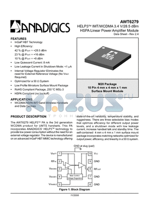 AWT6279RM20P8 datasheet - HELP3TM IMT/WCDMA 3.4 V/28.5 dBm HSPA Linear Power Amplifier Module