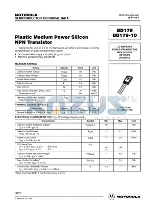 BD179 datasheet - Plastic Medium Power Silicon NPNP Transistor