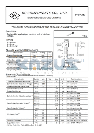 2N6520 datasheet - TECHNICAL SPECIFICATIONS OF PNP EPITAXIAL PLANAR TRANSISTOR