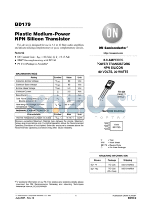 BD179G datasheet - Plastic Medium-Power NPN Silicon Transistor