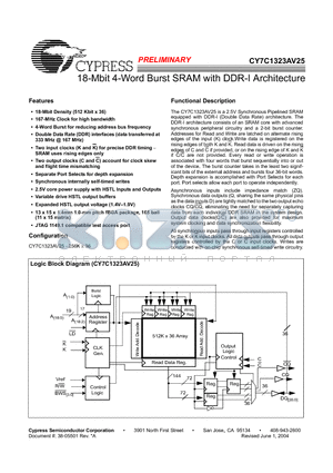 CY7C1323AV25-167BZC datasheet - 18-Mbit 4-Word Burst SRAM with DDR-I Architecture