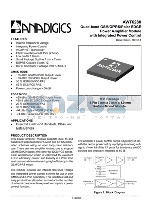 AWT6280RM11P8 datasheet - Quad-band GSM/GPRS/Polar EDGE Power Amplifier Module with Integrated Power Control