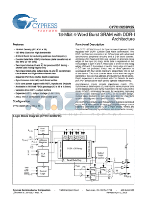 CY7C1323BV25-167BZXC datasheet - 18-Mbit 4-Word Burst SRAM with DDR-I Architecture