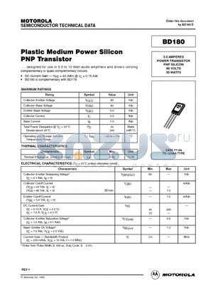 BD180 datasheet - Plastic Medium Power Silicon PNP Transistor