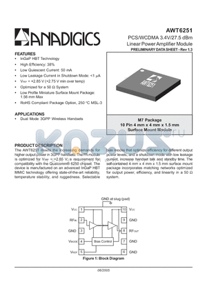 AWT6251 datasheet - PCS/WCDMA 3.4V/27.5 dBm Linear Power Amplifier Module