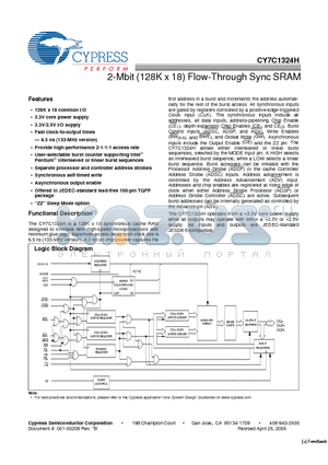 CY7C1324H datasheet - 2-Mbit (128K x 18) Flow-Through Sync SRAM