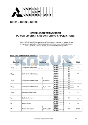 BD181 datasheet - NPN SILICON TRANSISTOR POWER LINERAR AND SWITCHING APPLICATIONS