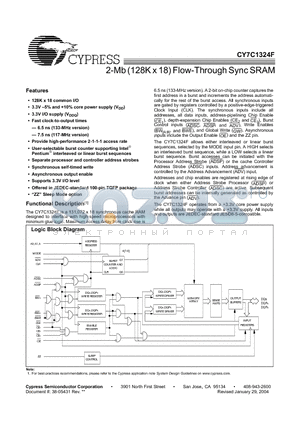 CY7C1324F datasheet - 2-Mb (128K x 18) Flow-Through Sync SRAM