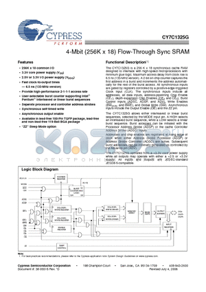 CY7C1325G-100BGXC datasheet - 4-Mbit (256K x 18) Flow-Through Sync SRAM