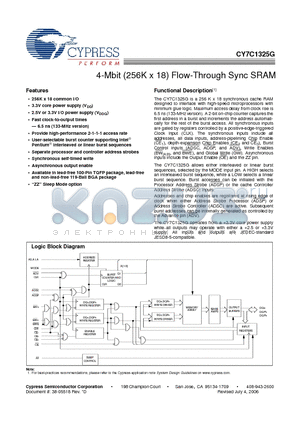 CY7C1325G-117BGXI datasheet - 4-Mbit (256K x 18) Flow-Through Sync SRAM