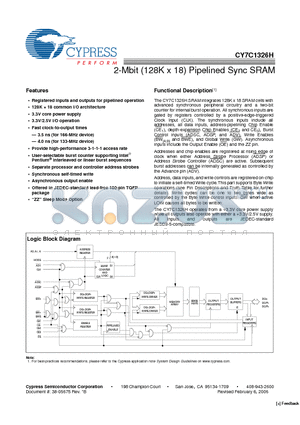 CY7C1326H datasheet - 2-Mbit (128K x 18) Pipelined Sync SRAM