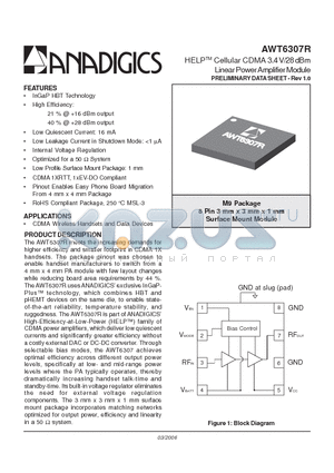 AWT6307RM9Q7 datasheet - HELP Cellular CDMA 3.4 V/28 dBm Linear Power Amplifier Mod