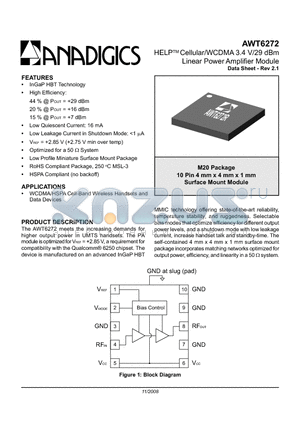 AWT6272RM20P9 datasheet - HELPTM Cellular/WCDMA 3.4 V/29 dBm Linear Power Amplifier Module