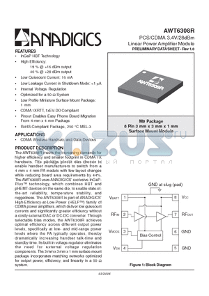 AWT6308R datasheet - PCS/CDMA 3.4V/28dBm Linear Power Amplifier Module