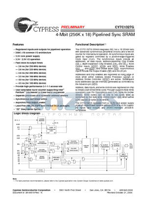 CY7C1327G-100AXC datasheet - 4-Mbit (256K x 18) Pipelined Sync SRAM