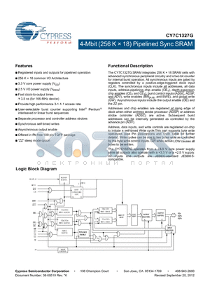 CY7C1327G-133AXI datasheet - 4-Mbit (256 K  18) Pipelined Sync SRAM