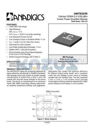 AWT6301RM9Q7 datasheet - Cellular CDMA 3.4 V/28 dBm Linear Power Amplifier Module