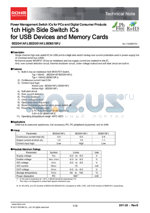 BD2041AFJ datasheet - 1ch High Side Switch ICs for USB Devices and Memory Cards