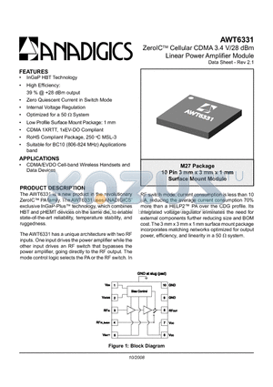 AWT6331 datasheet - ZeroICTM Cellular CDMA 3.4 V/28 dBm Linear Power Amplifier Module