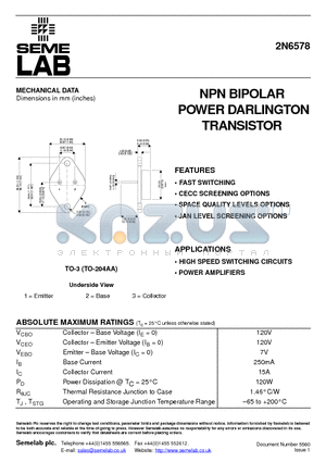 2N6578 datasheet - NPN BIPOLAR POWER DARLINGTON TRANSISTOR