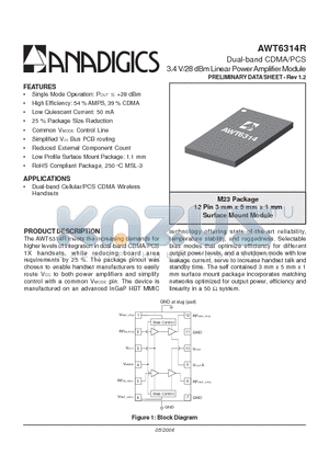AWT6314R datasheet - Dual-band CDMA/PCS 3.4 V/28 dBm Linear Power Amplifier Module
