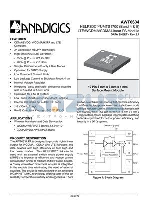 AWT6634 datasheet - HELP3DC UMTS1700 (Band 4 & 9) LTE/WCDMA/CDMA Linear PA Module