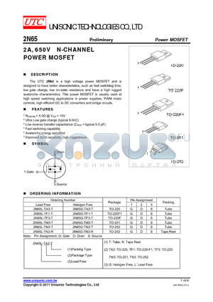 2N65G-TF1-T datasheet - 2A, 650V N-CHANNEL POWER MOSFET