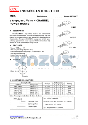 2N65G-TA3-T datasheet - 2 Amps, 650 Volts N-CHANNEL POWER MOSFET