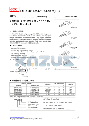 2N65G-TF1-T datasheet - 2 Amps, 650 Volts N-CHANNEL POWER MOSFET