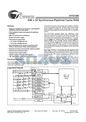 CY7C1329-100AI datasheet - 64K x 32 Synchronous-Pipelined Cache RAM