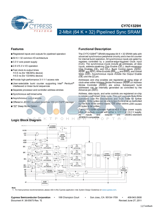 CY7C1329H datasheet - 2-Mbit (64 K x 32) Pipelined Sync SRAM 2.5 V/3.3 V I/O operation
