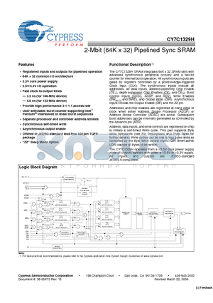 CY7C1329H-133AXI datasheet - 2-Mbit (64K x 32) Pipelined Sync SRAM