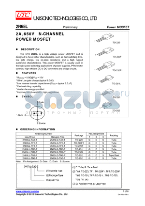 2N65LL-TF3-T datasheet - 2A, 650V N-CHANNEL POWER MOSFET