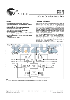 CY7C133-25JI datasheet - 2K x 16 Dual-Port Static RAM