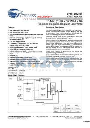 CY7C1330AV25 datasheet - 18-Mbit (512K x 36/1Mbit x 18) Pipelined Register-Register Late Write