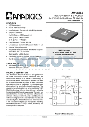 AWU6604 datasheet - HELP3TM Band 4 & 9 WCDMA 3.4 V / 28.25 dBm Linear PA Module