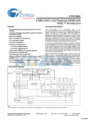 CY7C1334H-133AXC datasheet - 2-Mbit (64K x 32) Pipelined SRAM with NoBL Architecture