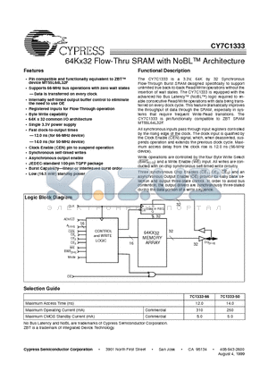 CY7C1333-50AC datasheet - 64Kx32 Flow-Thru SRAM with NoBL Architecture