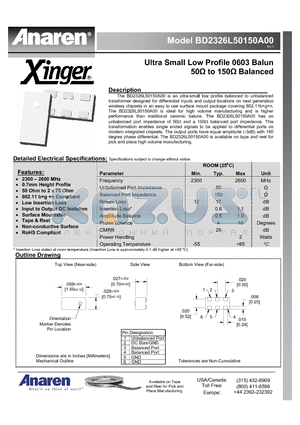 BD2326L50150A00 datasheet - Ultra Small Low Profile 0603 Balun 50Y to 150Y Balanced