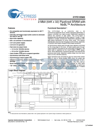 CY7C1334H-166AXC datasheet - 2-Mbit (64K x 32) Pipelined SRAM with NoBL Architecture