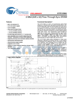 CY7C1336H-100AXC datasheet - 2-Mbit (64K x 32) Flow-Through Sync SRAM