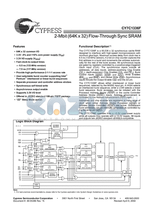 CY7C1336F datasheet - 2-Mbit (64K x 32) Flow-Through Sync SRAM