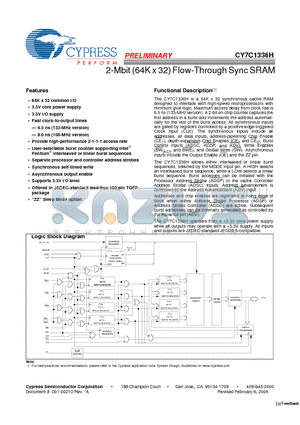 CY7C1336H datasheet - 2-Mbit (64K x 32) Flow-Through Sync SRAM