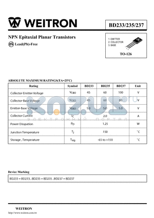 BD233 datasheet - NPN Epitaxial Planar Transistors