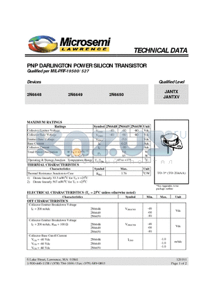 2N6650 datasheet - PNP DARLINGTON POWER SILICON TRANSISTOR