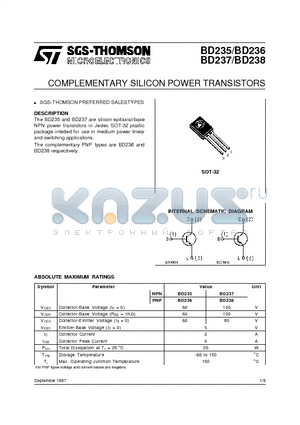 BD235 datasheet - COMPLEMENTARY SILICON POWER TRANSISTORS