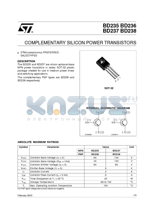 BD235 datasheet - COMPLEMENTARY SILICON POWER TRANSISTORS