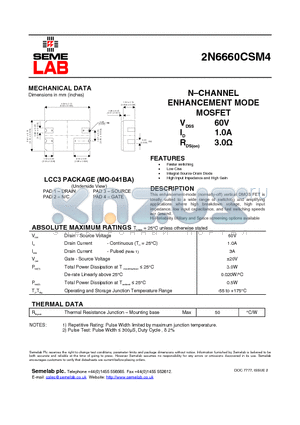 2N6660CSM4 datasheet - NCHANNEL ENHANCEMENT MODE MOSFET