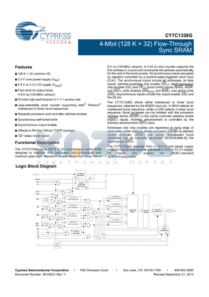 CY7C1338G-100AXC datasheet - 4-Mbit (128 K  32) Flow-Through Sync SRAM