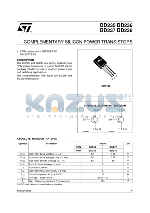 BD236 datasheet - COMPLEMENTARY SILICON POWER TRANSISTORS
